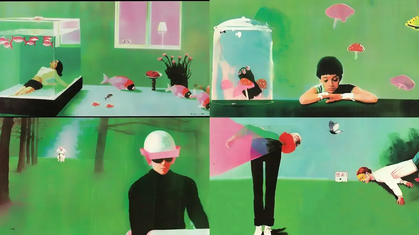 Surrealistic Retro Pop Art with Bright Color Contrast and Dreamlike Elements - Midjourney sref style