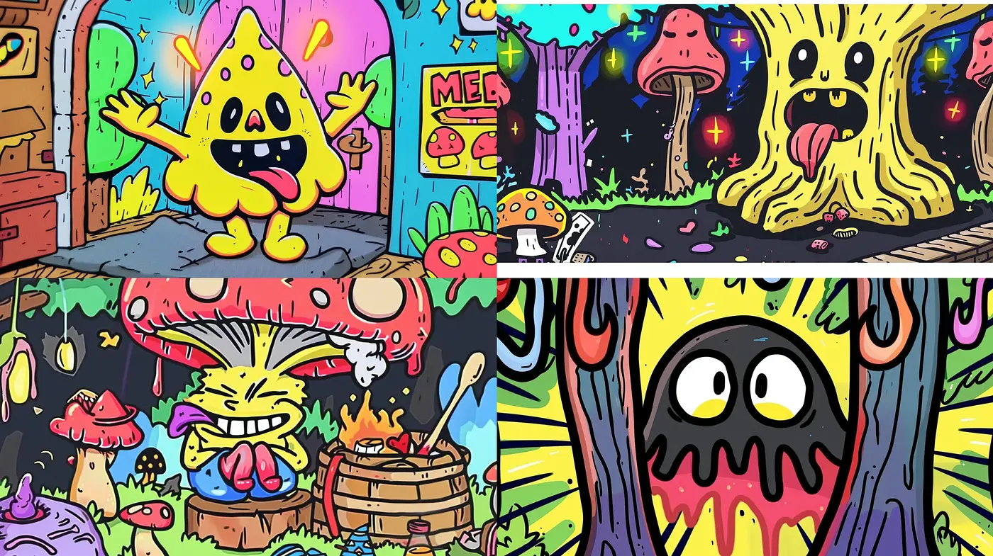 Psychedelic Cartoon Expressionism with Vibrant Street Art Essence - Midjourney sref style
