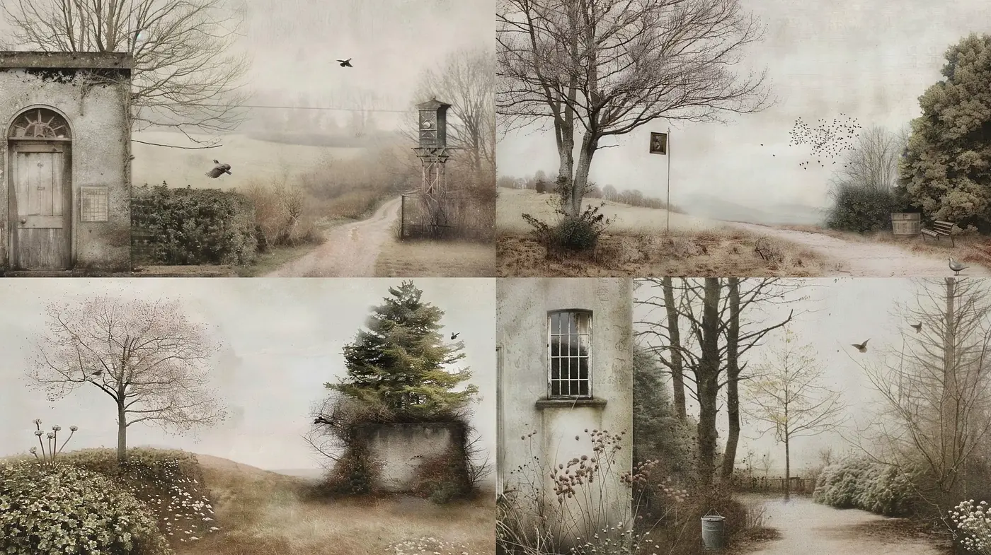 Whispering Hues of Twilight: A Synthesis of Misty Pastoral Landscapes - Midjourney sref style