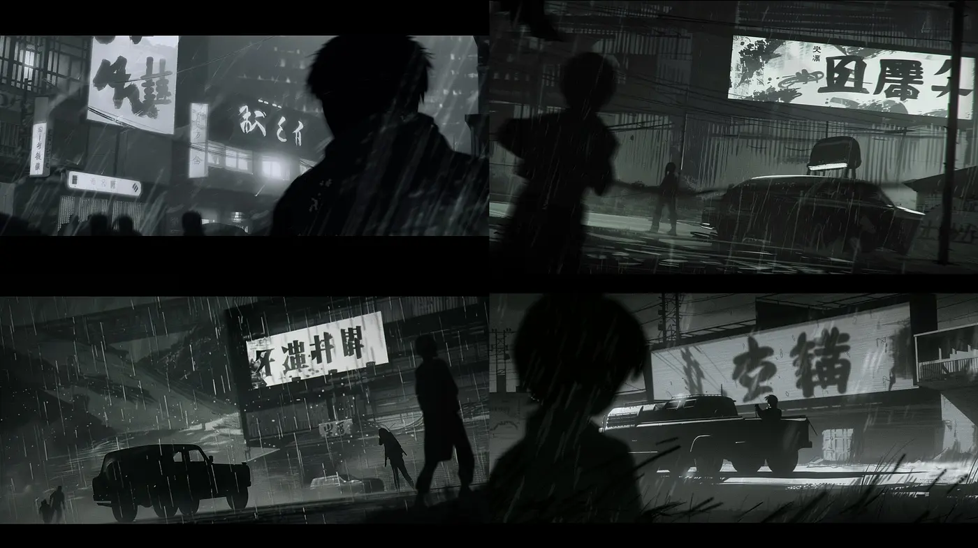 Monochromatic Noir Dreamscape: A Fusion of Shadowed Silhouettes and Urban Mystery - Midjourney sref style