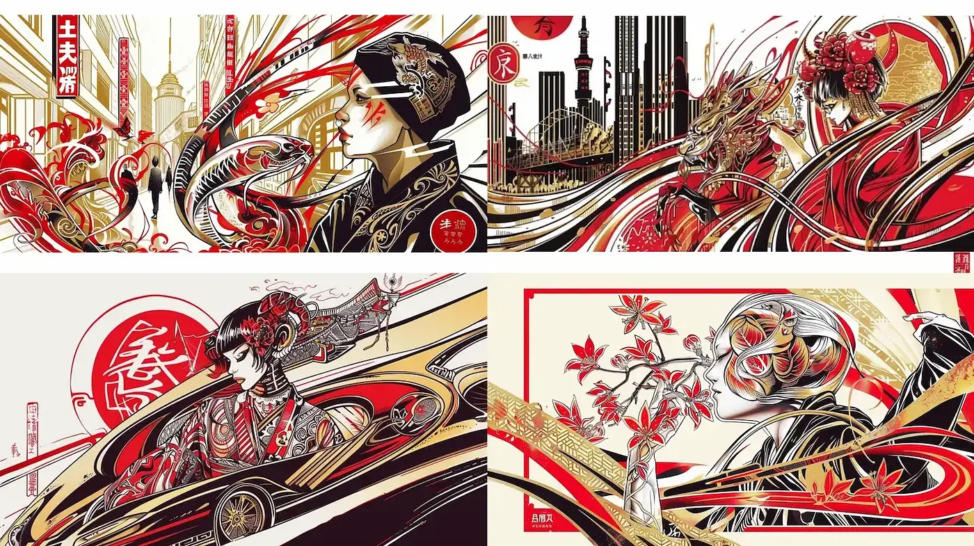 Dynamic and Vibrant Asian-inspired Illustrations with Intricate Line Work - Midjourney sref style