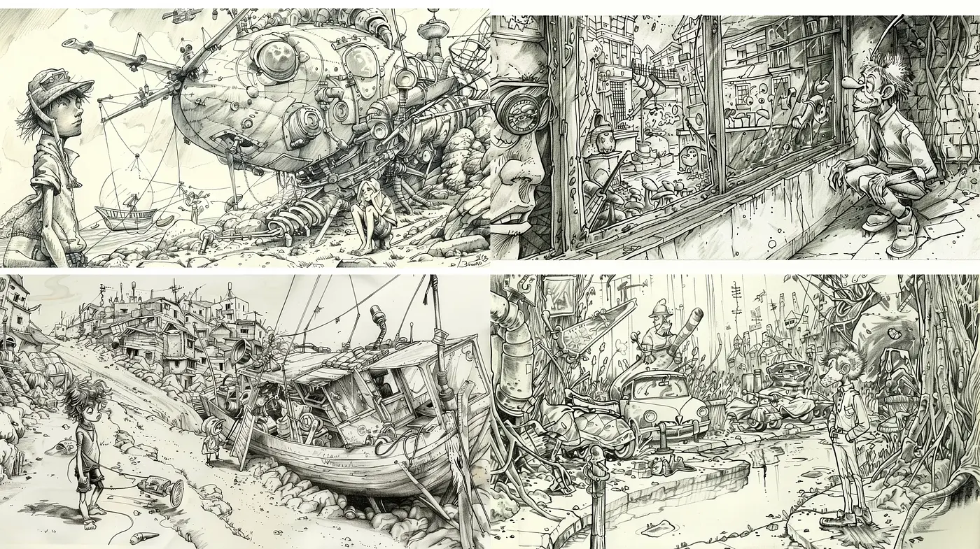 Intricate Dystopian Sketchbook Tales - Midjourney sref style