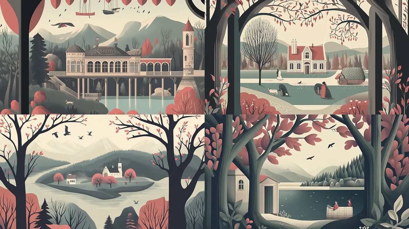 Serene Pastoral Elegance in Stylized Illustrations - Midjourney sref style