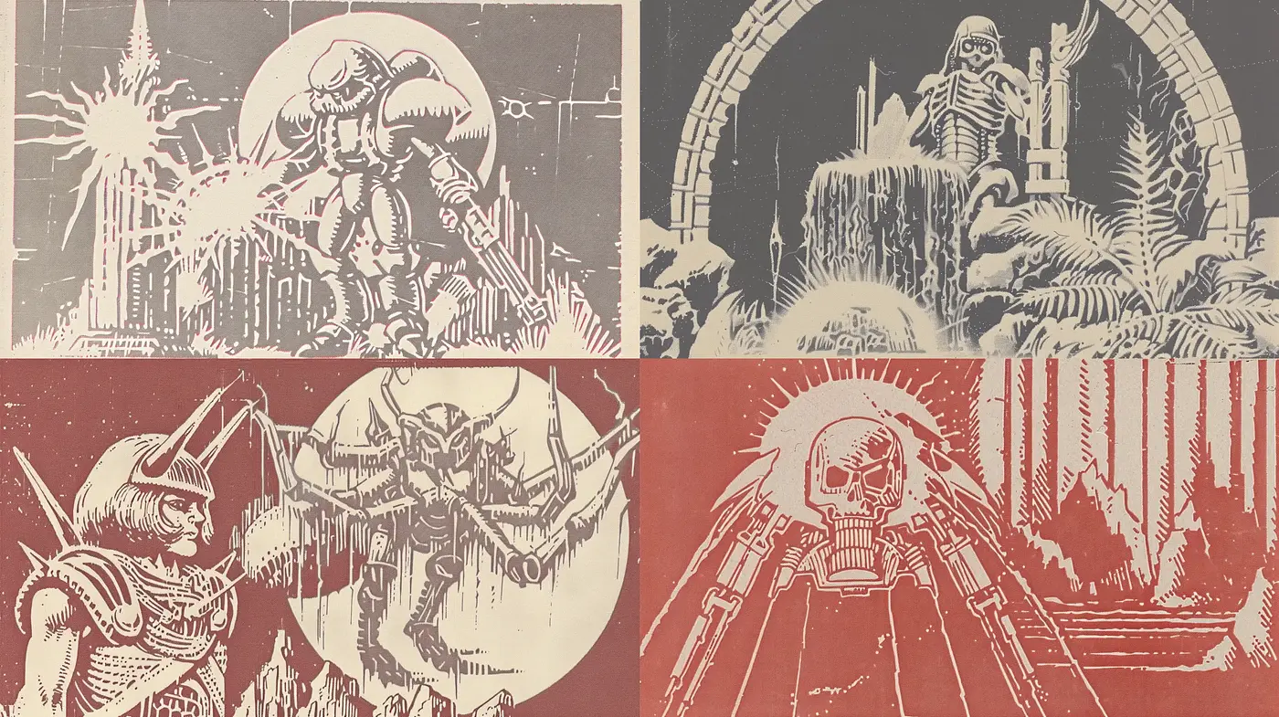 Retro Sci-Fi Linocut Series - Midjourney sref style