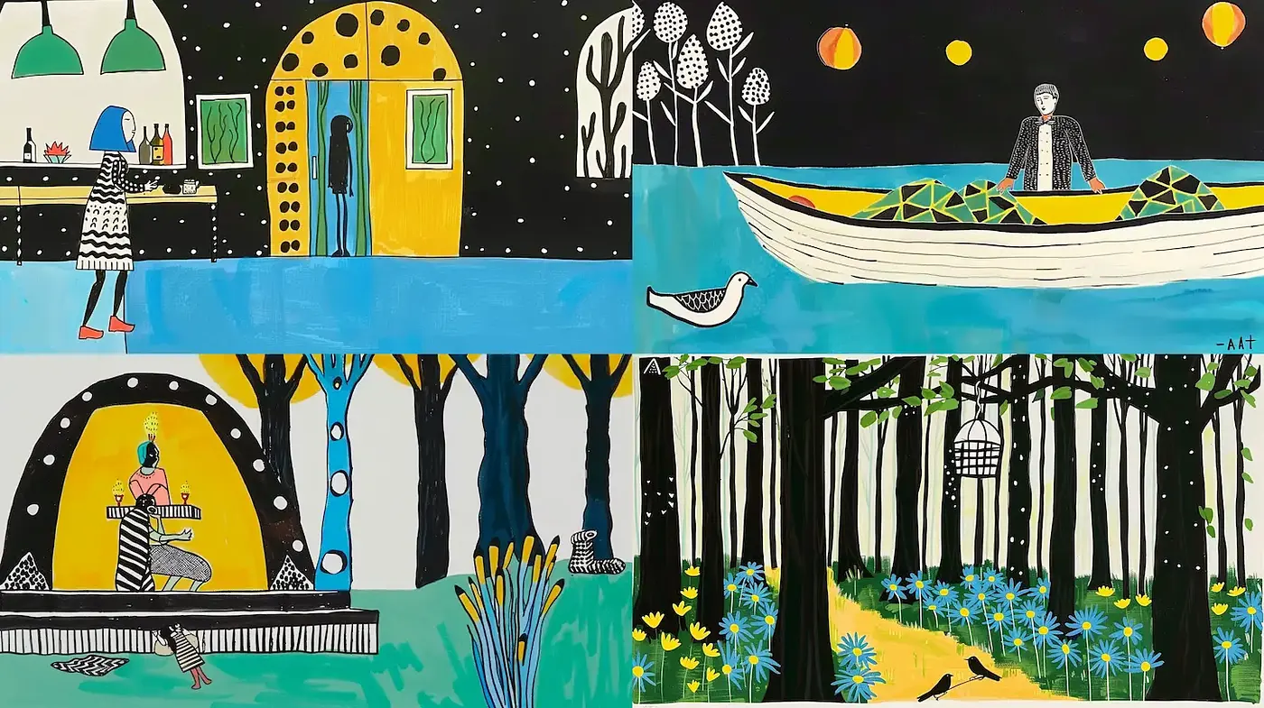 Contemporary Illustrative Style with Whimsical Elements and Striking Contrast - Midjourney sref style