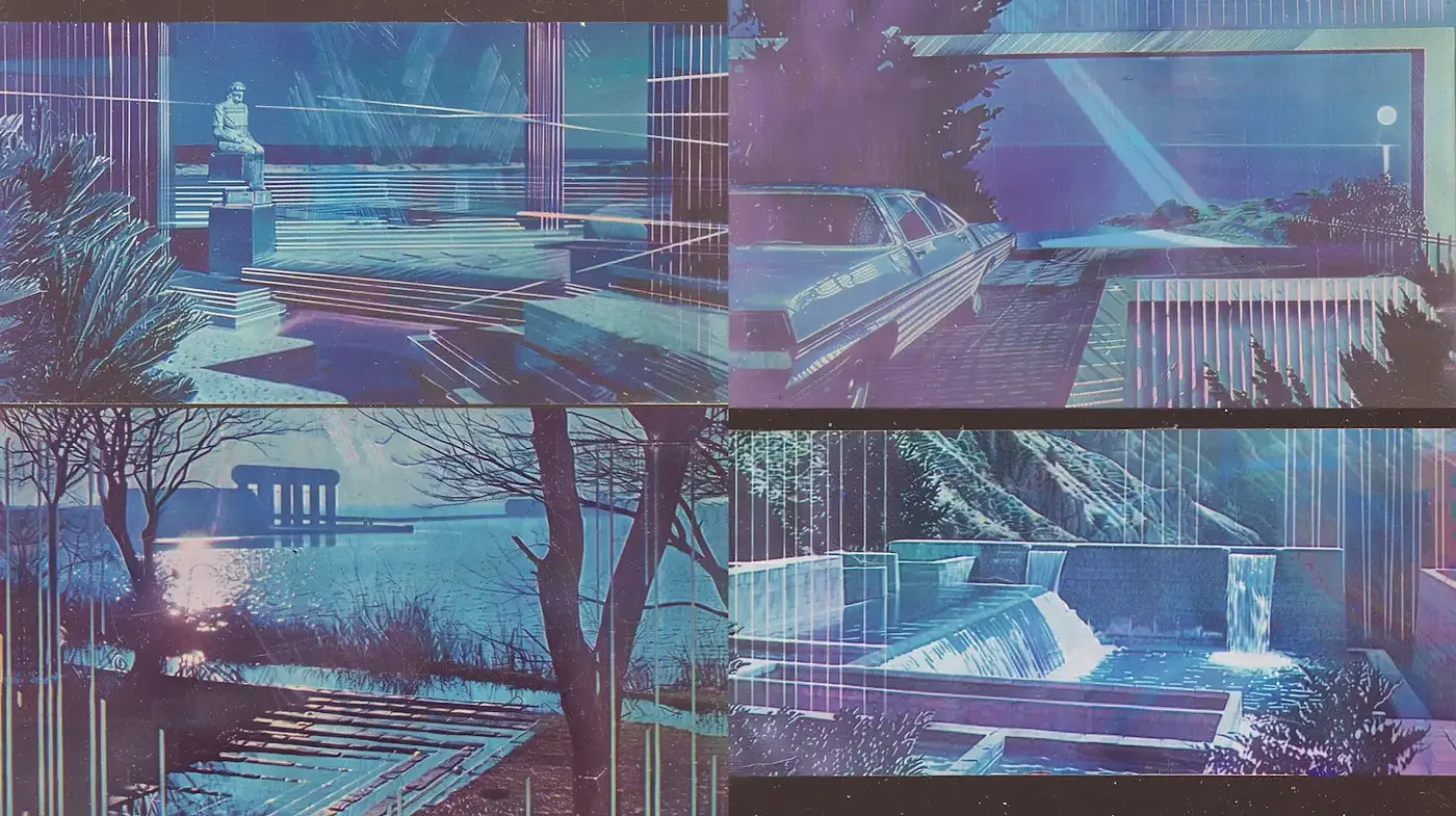 Futuristic retro aesthetic with a blend of tranquil landscapes and urban elements - Midjourney sref style