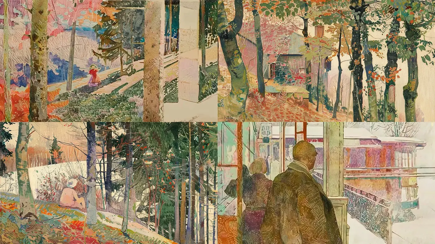 Stylized Textured Impressions of Serene Landscapes and Intimate Moments - Midjourney sref style