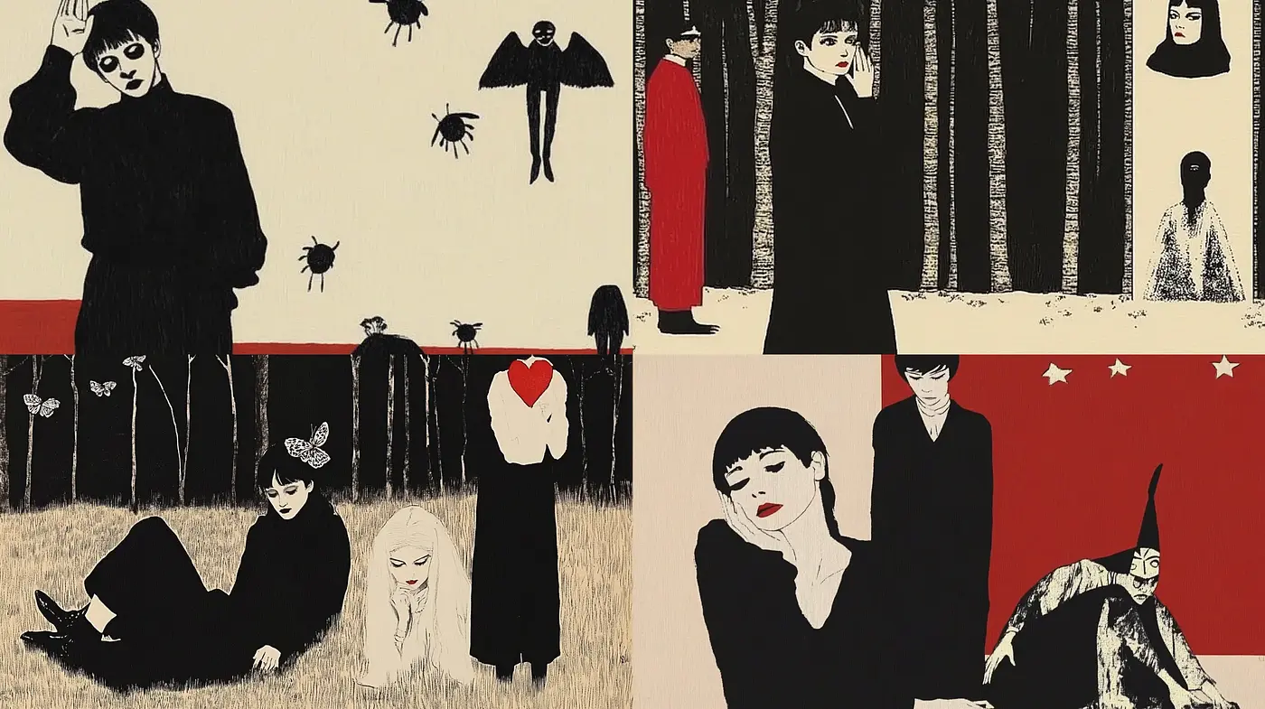 Gothic Elegance and Simplified Silhouettes in Monochromatic Scheme - Midjourney sref style