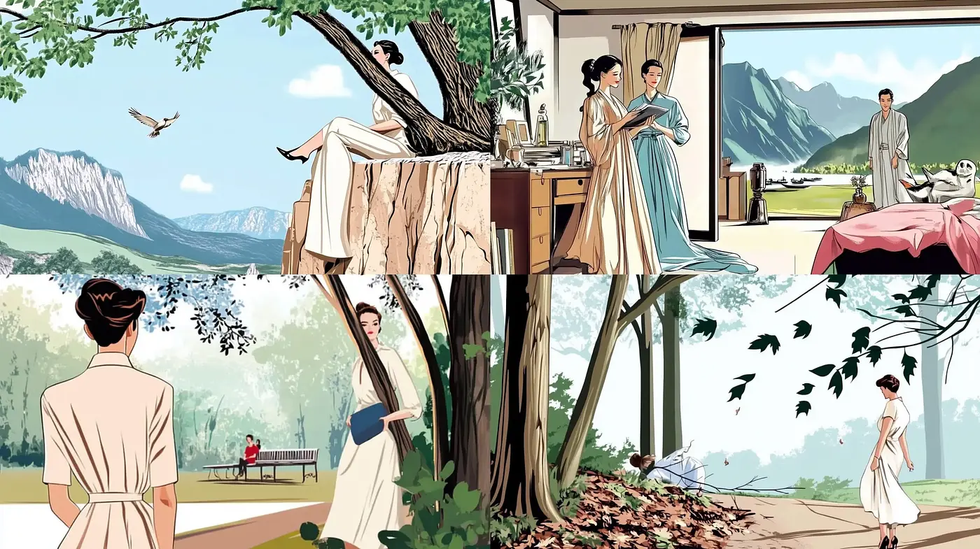 Idyllic Mid-Century Pastoral Scenes in Serene Color Harmony - Midjourney sref style