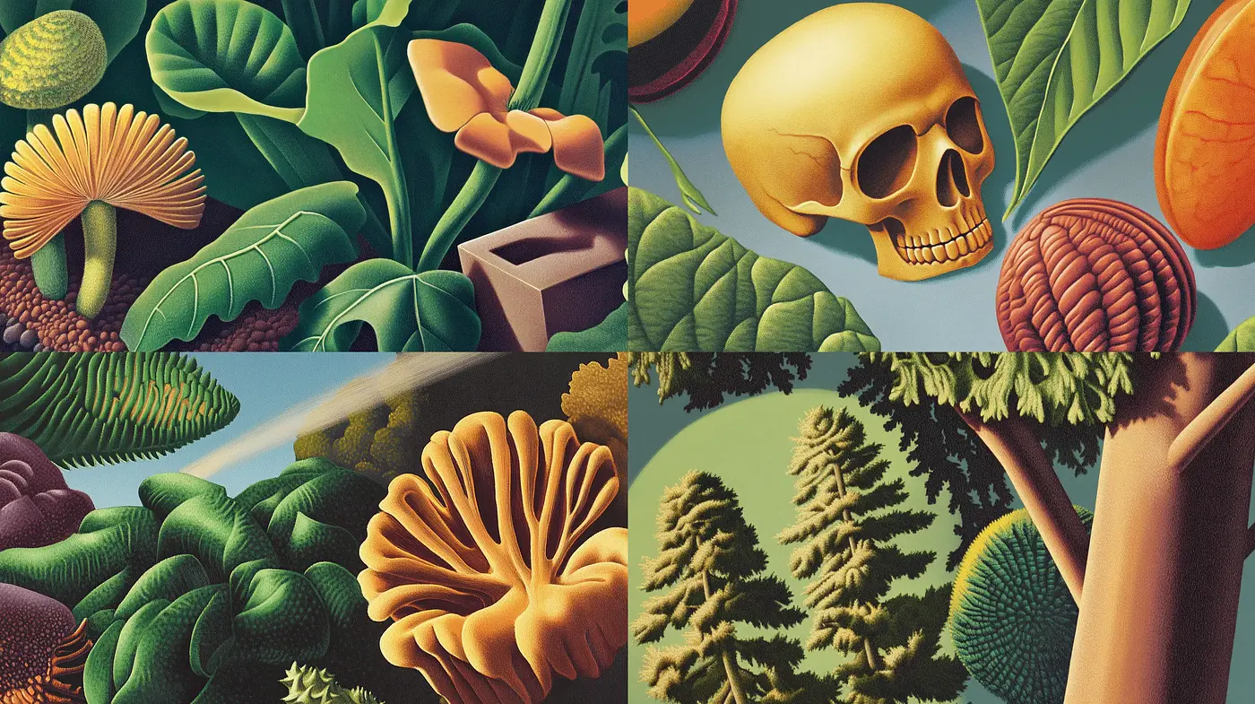 Surreal Botanical Dreamscape with Vintage Undertones - Midjourney sref style