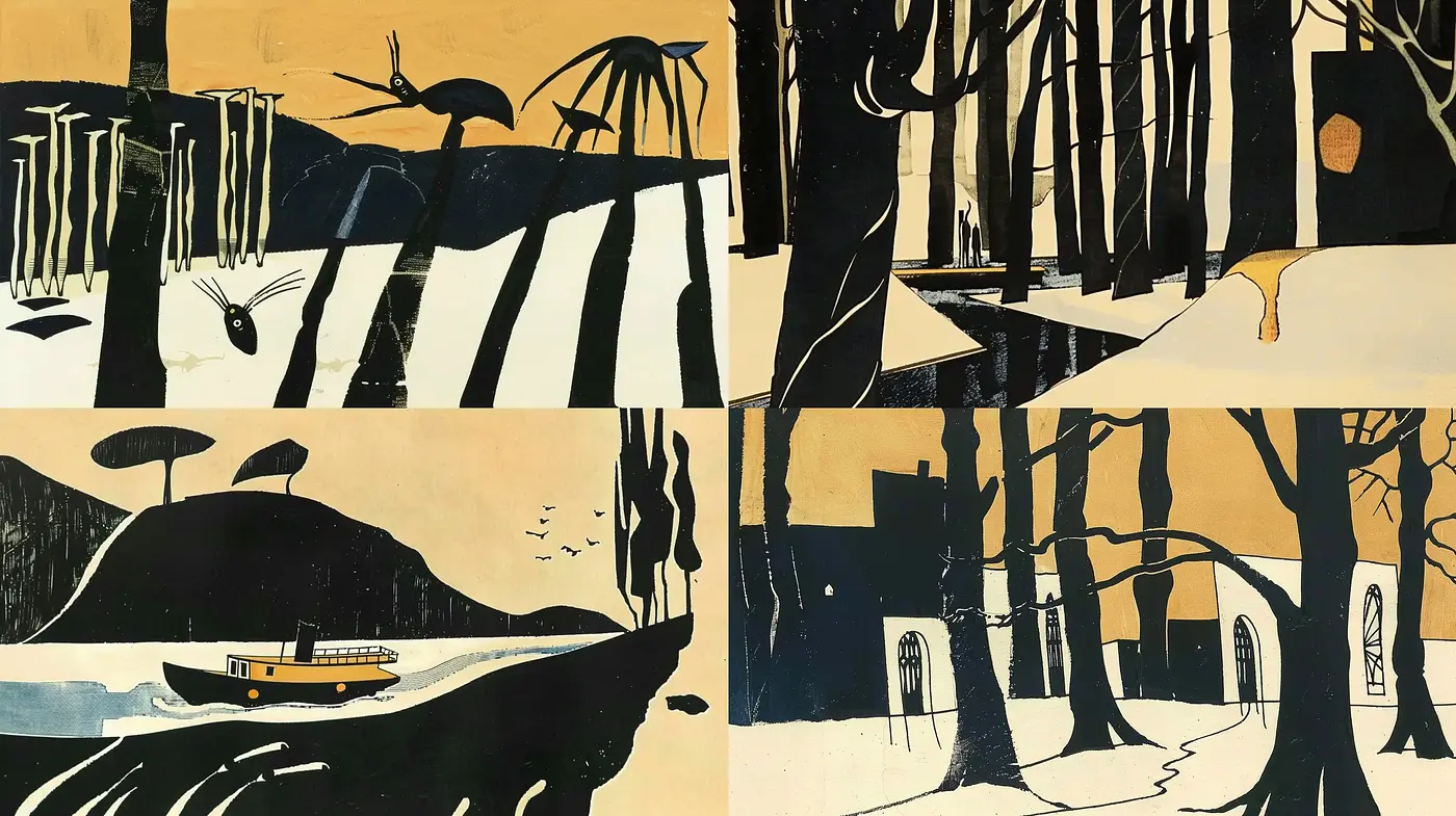 Monochromatic Tales of Serenity with Stylized Geometrical Nature - Midjourney sref style