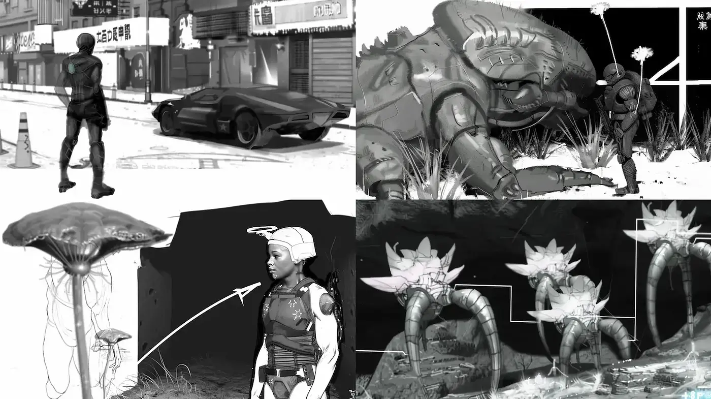 Futuristic monochrome artwork with consistent character design and organic elements - Midjourney sref style