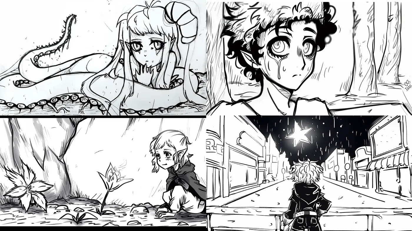 Monochrome Manga-Inspired Narrative Frames - Midjourney sref style