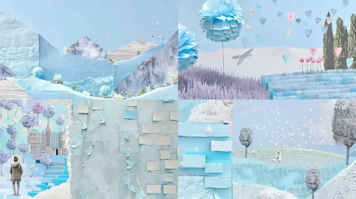 Serene and Dreamlike Landscapes with Soft Coloration and Paper-Like Textures - Midjourney sref style