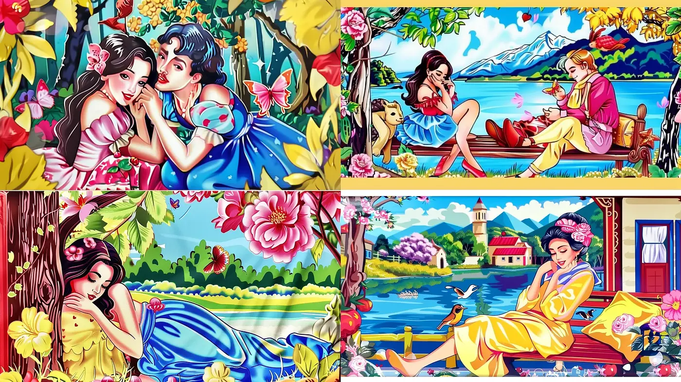 Lush Romantic Escapades in a Vibrant Storybook Illustration Style - Midjourney sref style