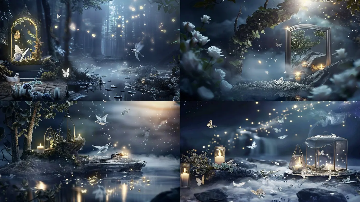 Enchanted Nocturnal Serenity: A Study in Moonlit Textures and Ethereal Hues - Midjourney sref style
