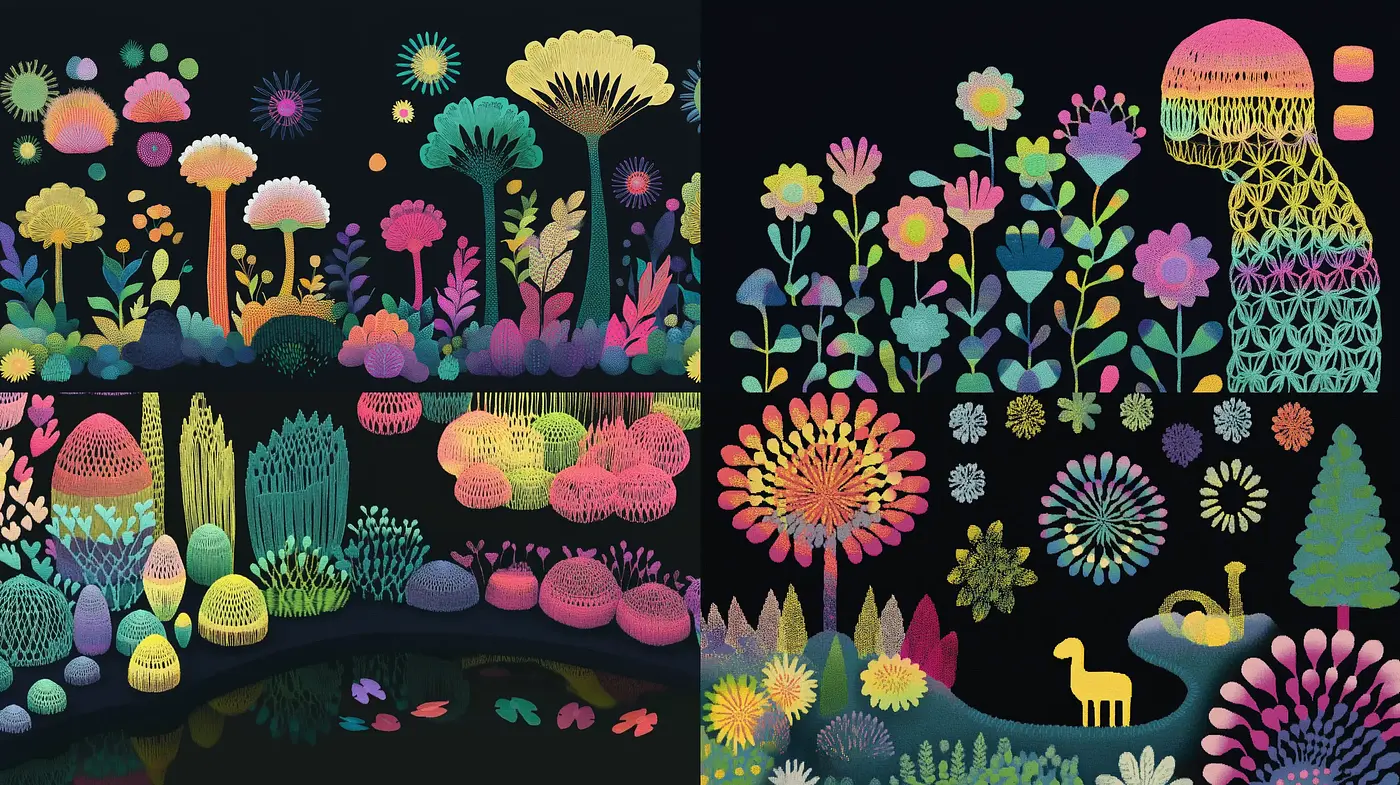 Neon Botanical Dreamscapes: A Vivid Synthesis of Nature and Fantasia - Midjourney sref style