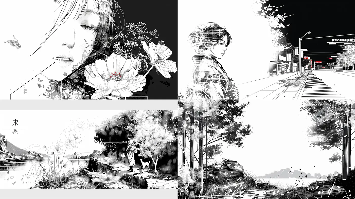 Monochromatic Elegance with Asian Ink Wash Influences - Midjourney sref style