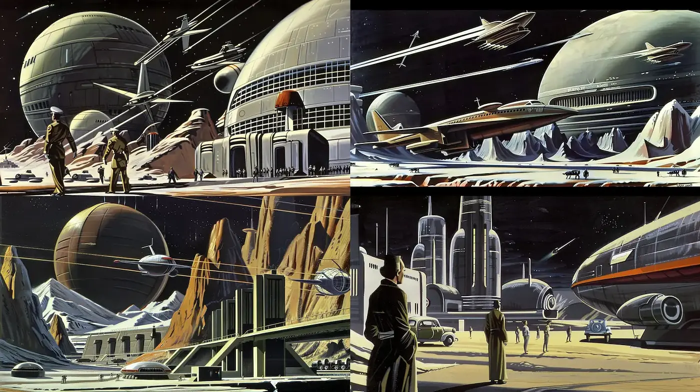 Futuristic Retro Sci-Fi Landscape with Sleek Designs and Dynamic Composition - Midjourney sref style