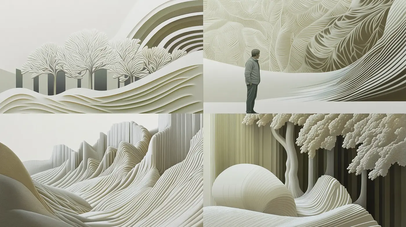 Serene Monochromatic Landscapes with Fluid Organic Forms and Linear Textures - Midjourney sref style