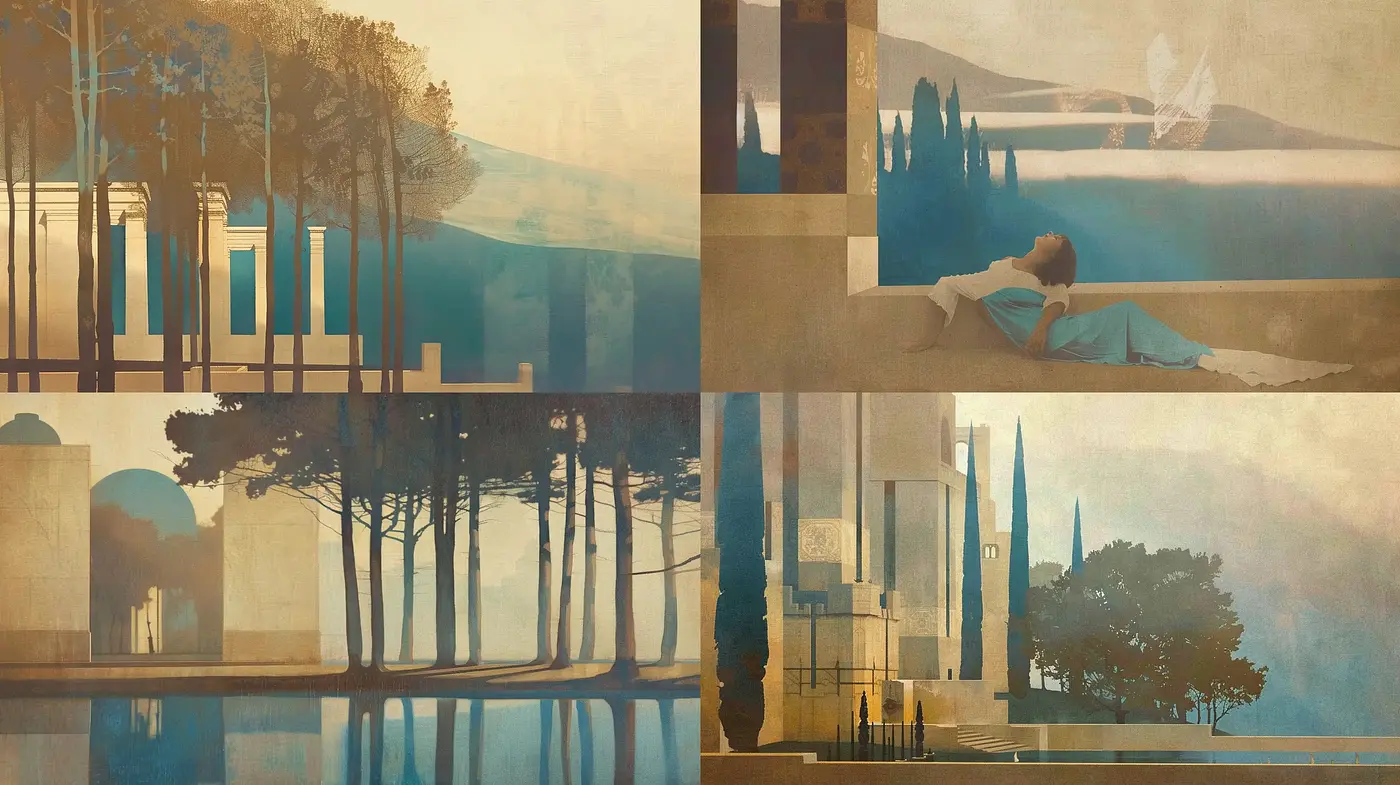 Tranquil Reflections of Serene Vistas: A Nostalgic Meld of Neoclassicism and Impressionism - Midjourney sref style