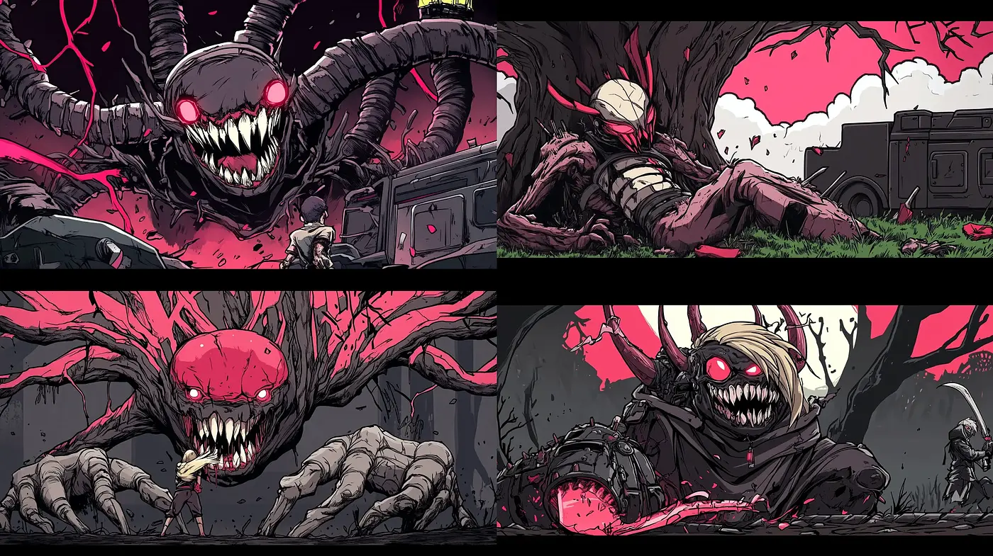 Gritty Surreal Nightmarescape with Comic Book Influence - Midjourney sref style