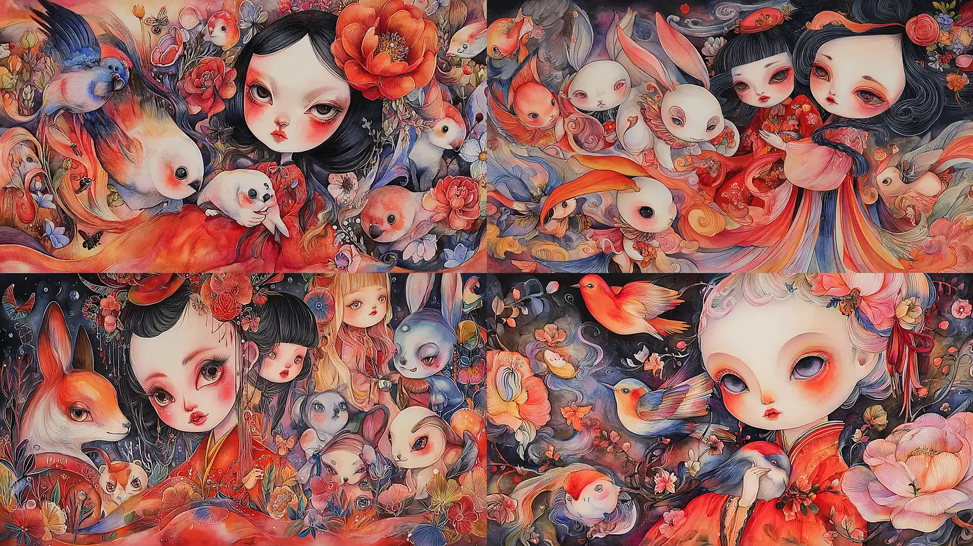 Vibrant Whimsical Fantasy with Floral and Animal Elements - Midjourney sref style