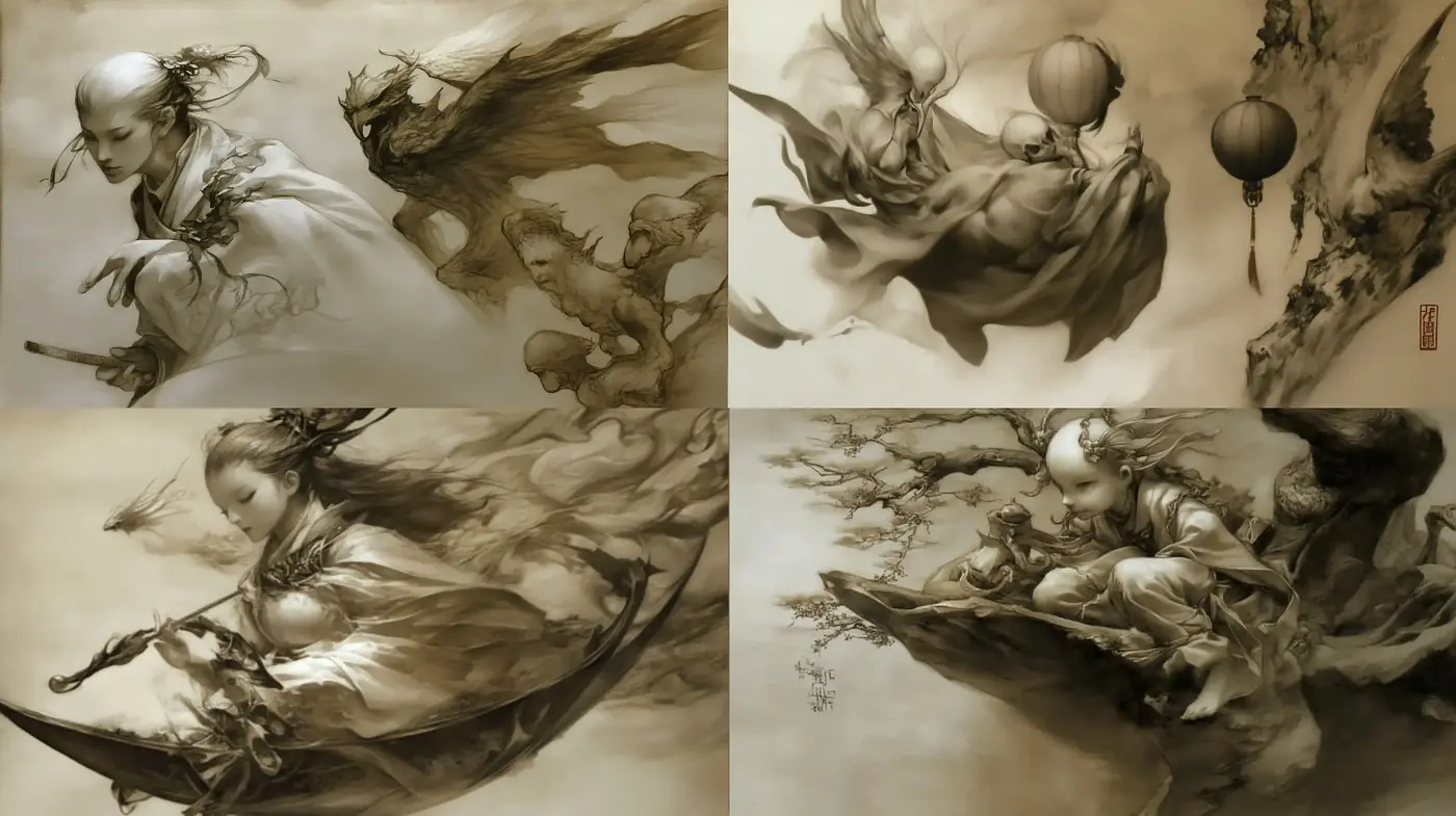 Ethereal Sepia Dreamscape: A Homage to Traditional East Asian Ink Wash Painting - Midjourney sref style