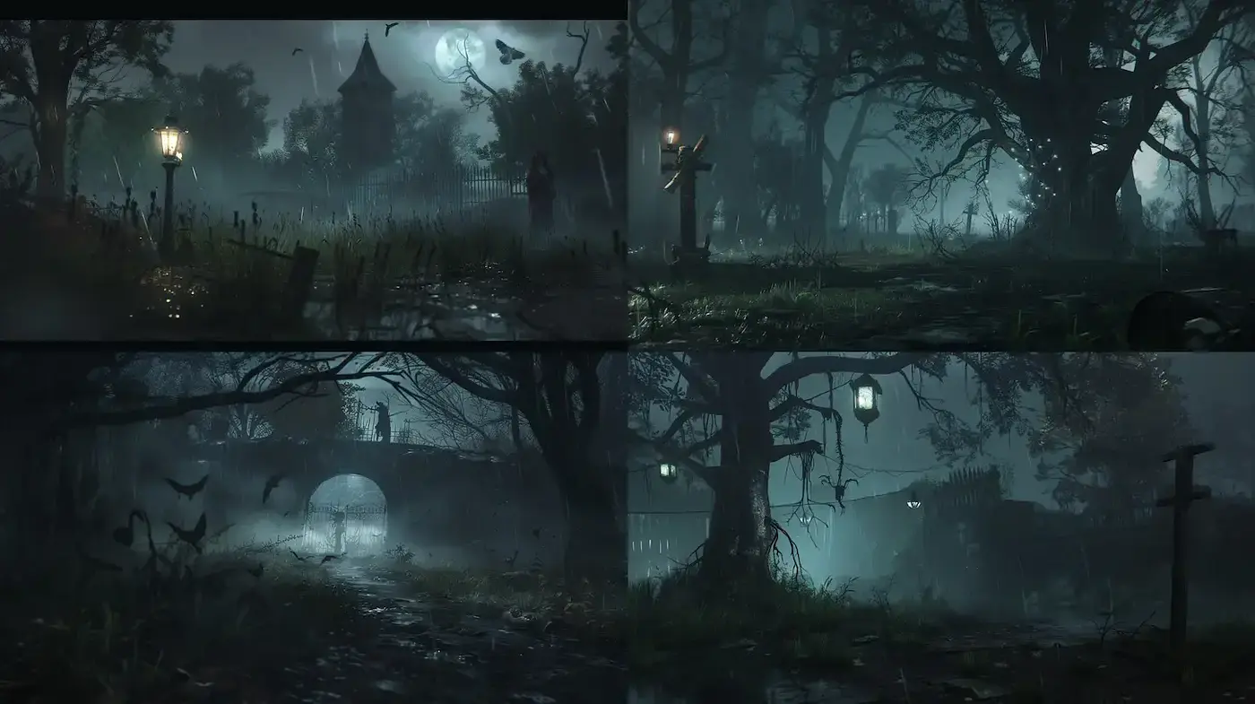 Dark, atmospheric landscape with a haunting, ethereal vibe - Midjourney sref style