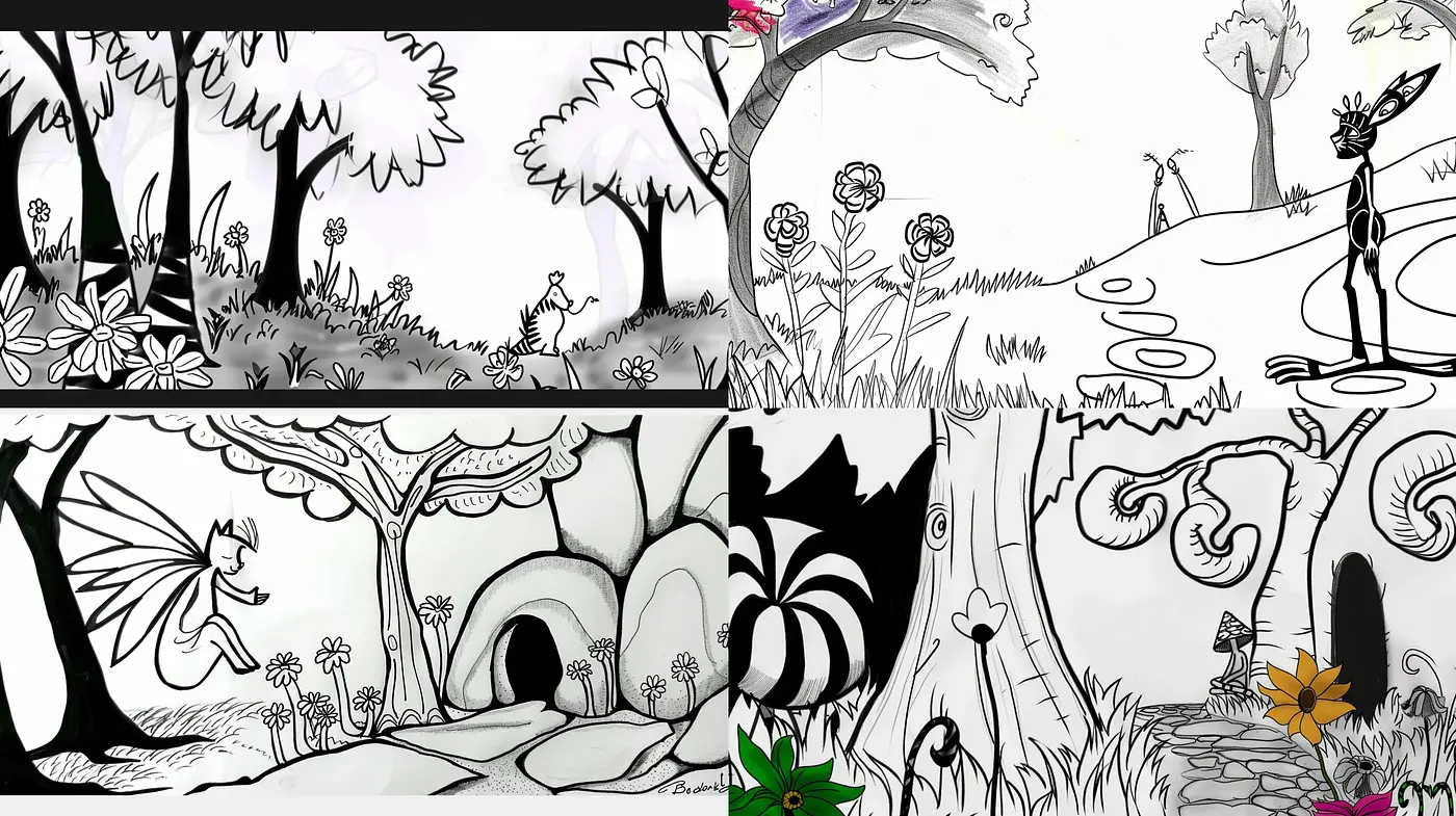 Monochromatic Whimsy: Stylized Nature in Greyscale Harmony - Midjourney sref style