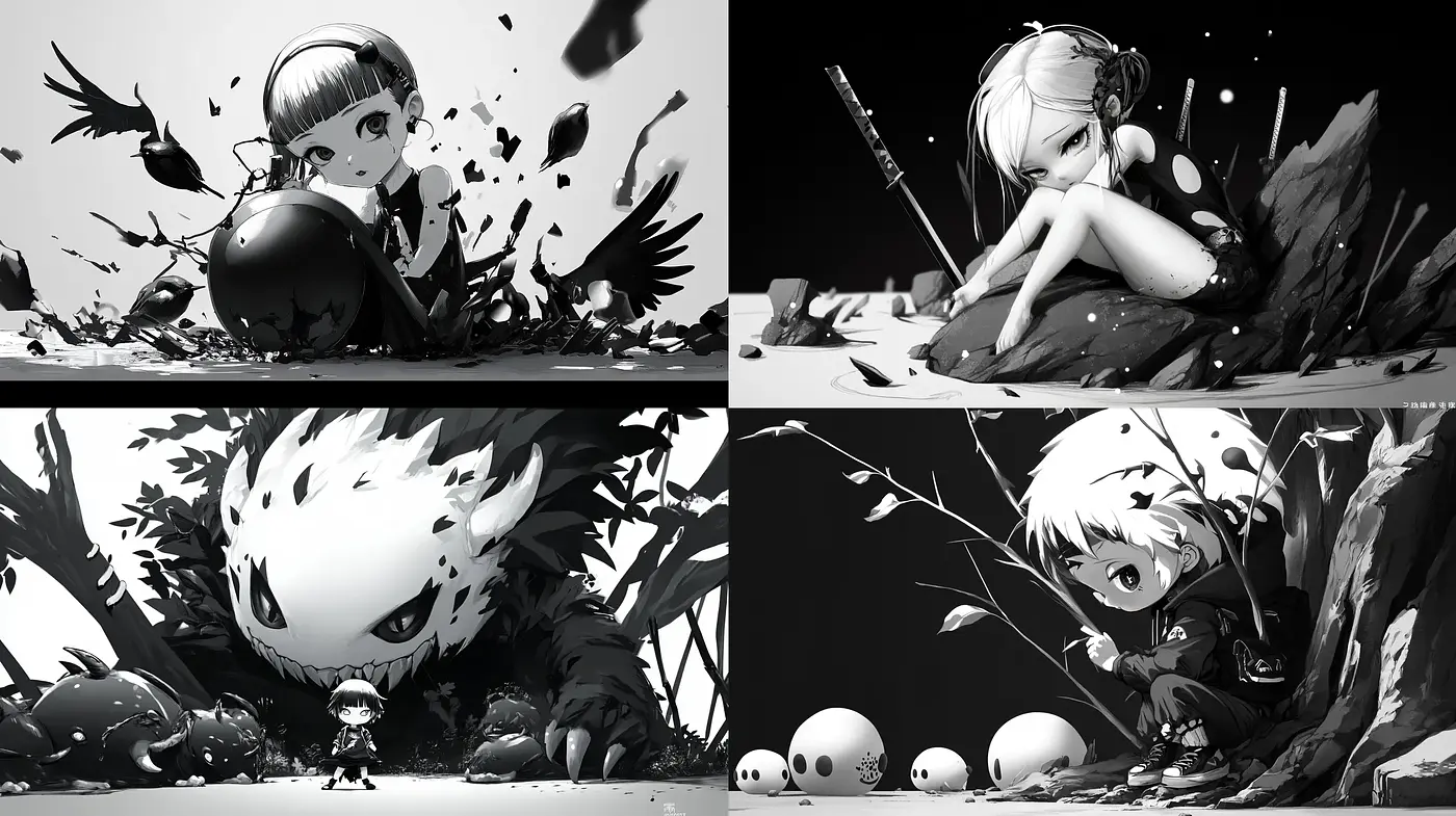 Monochromatic Dreamscape: A Study in Grayscale Anime Artistry - Midjourney sref style
