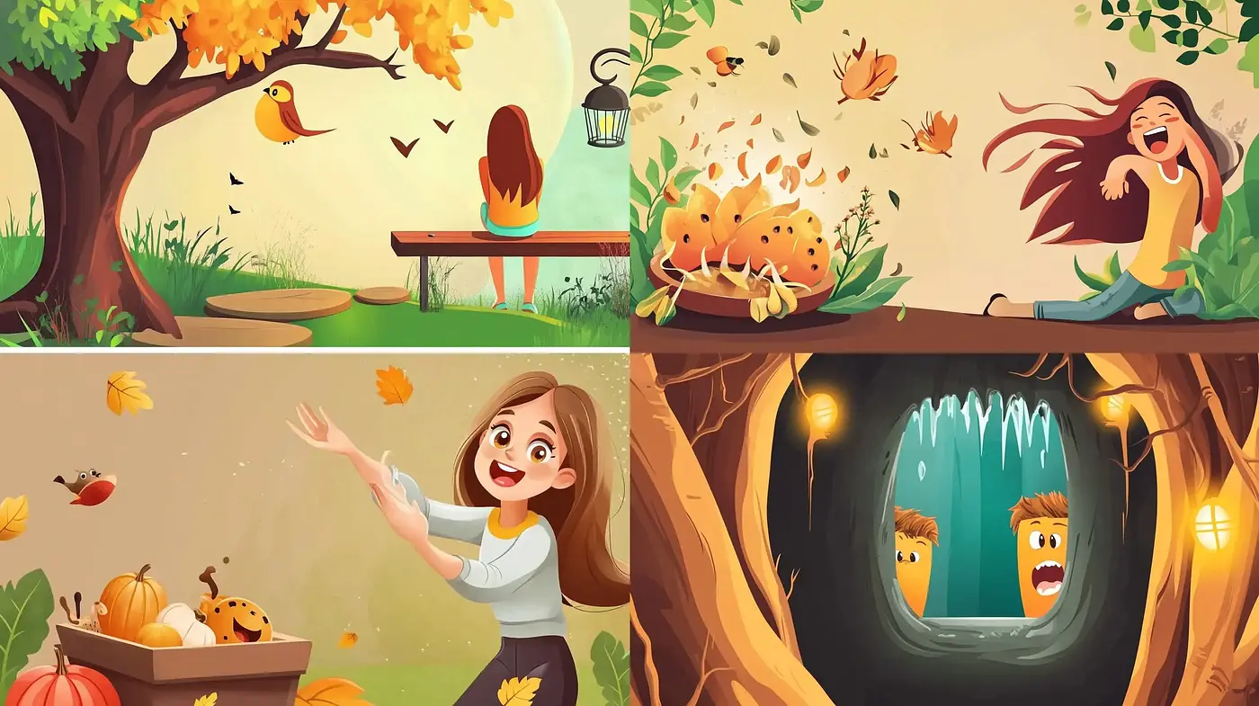 Enchanting Autumnal Whimsy: A Harmonious Blend of Warm Hues and Playful Illustration - Midjourney sref style