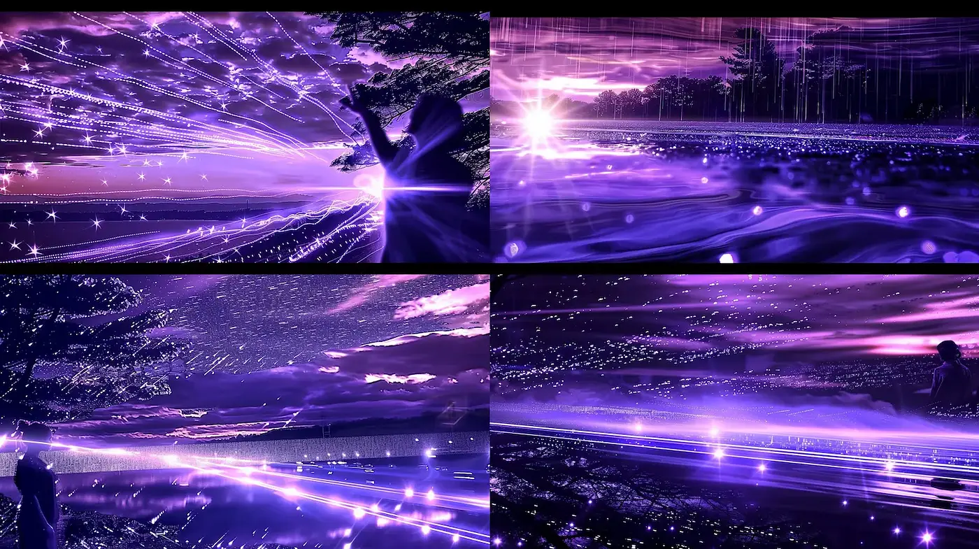 Dynamic and ethereal visual journey through a vibrant twilight landscape - Midjourney sref style