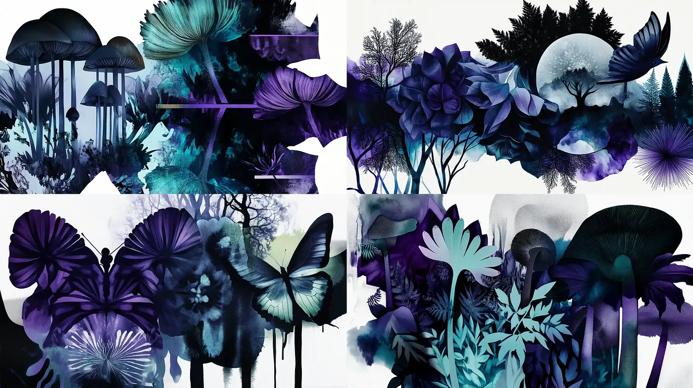 Mystical Midnight Botanicals in Monochromatic Hues - Midjourney sref style