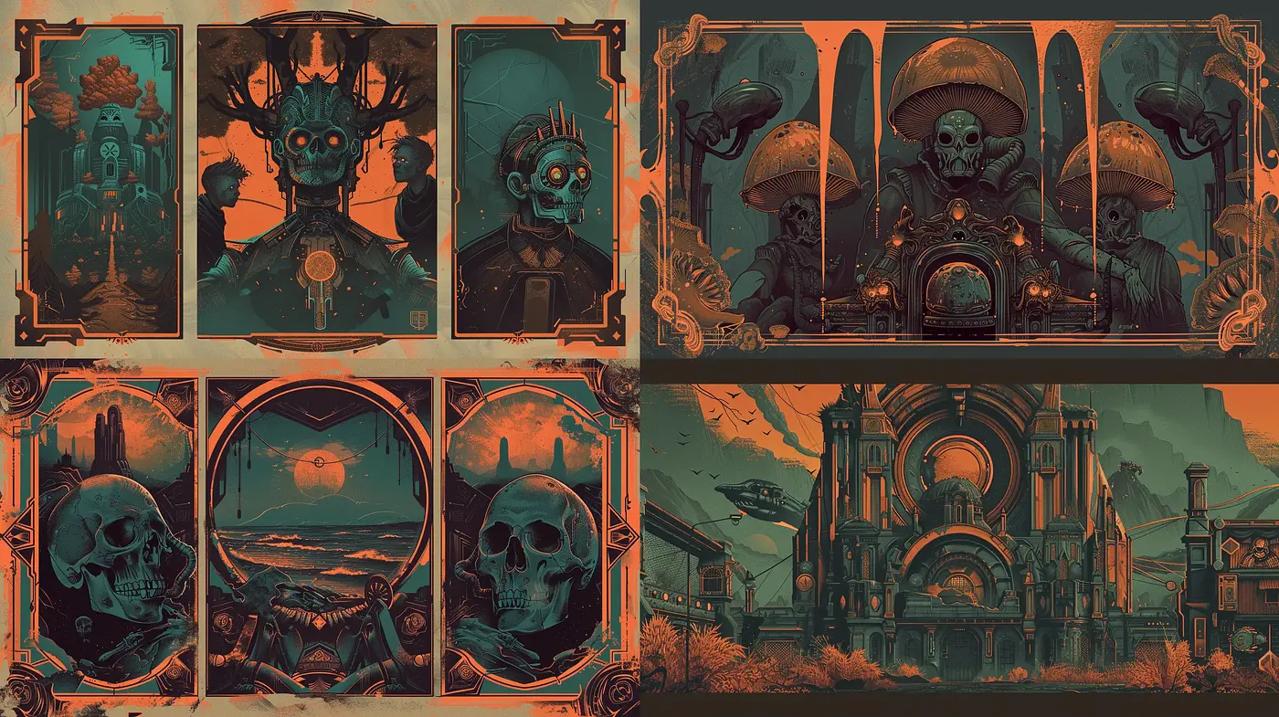 Eldritch Arcana: A Stygian Fusion of Gothic and Art Nouveau with a Retrofuturistic Palette - Midjourney sref style