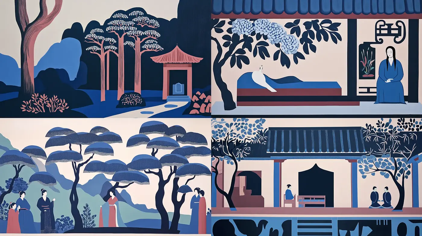 Serene Eastern Tableaus in Contemporary Graphic Illustration - Midjourney sref style