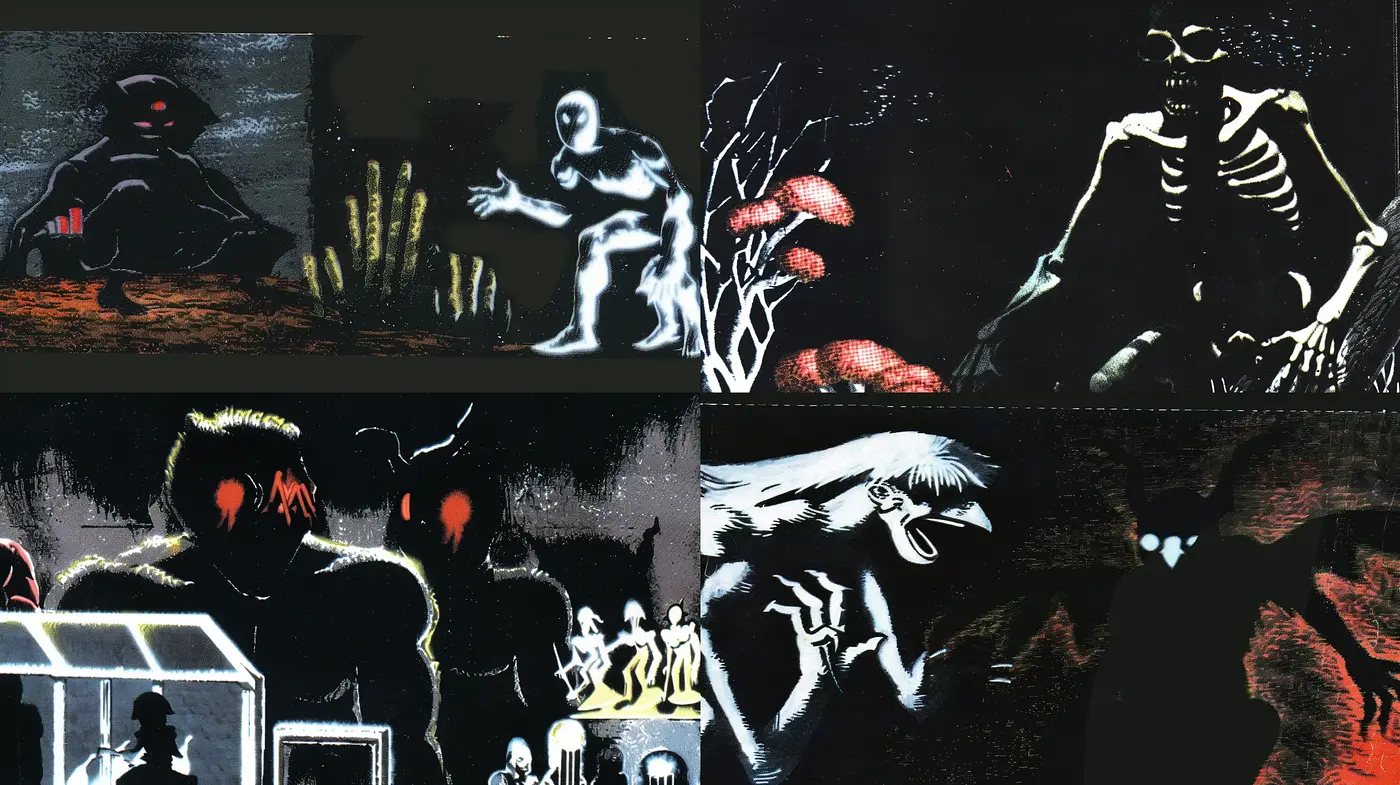 Eerie Nocturnal Visions with Stylized Skeletal Figures - Midjourney sref style