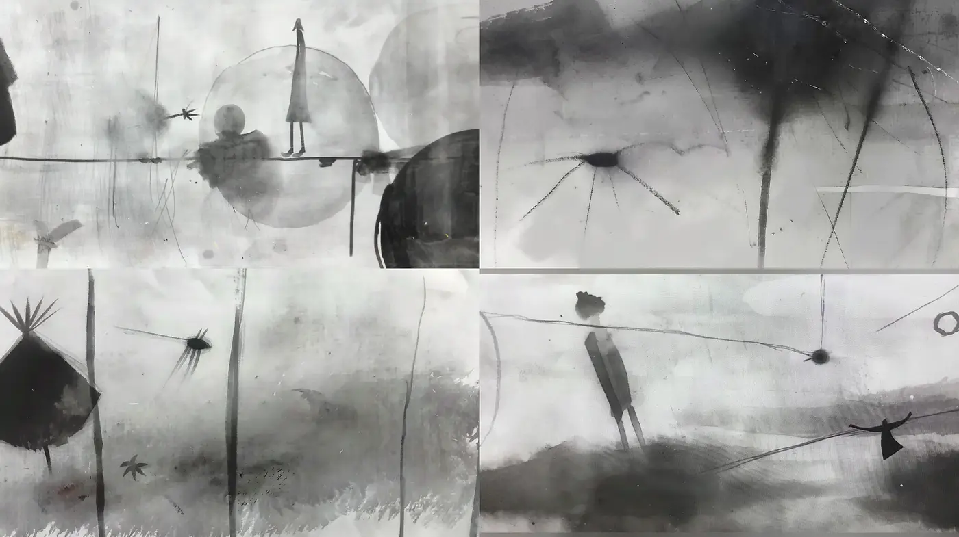 Ethereal Monochromatic Abstracts in Ink Wash Technique - Midjourney sref style