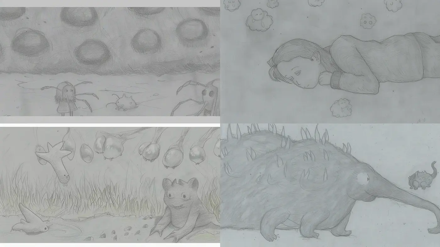 Monochromatic Sketchbook Dreamscape - Midjourney sref style
