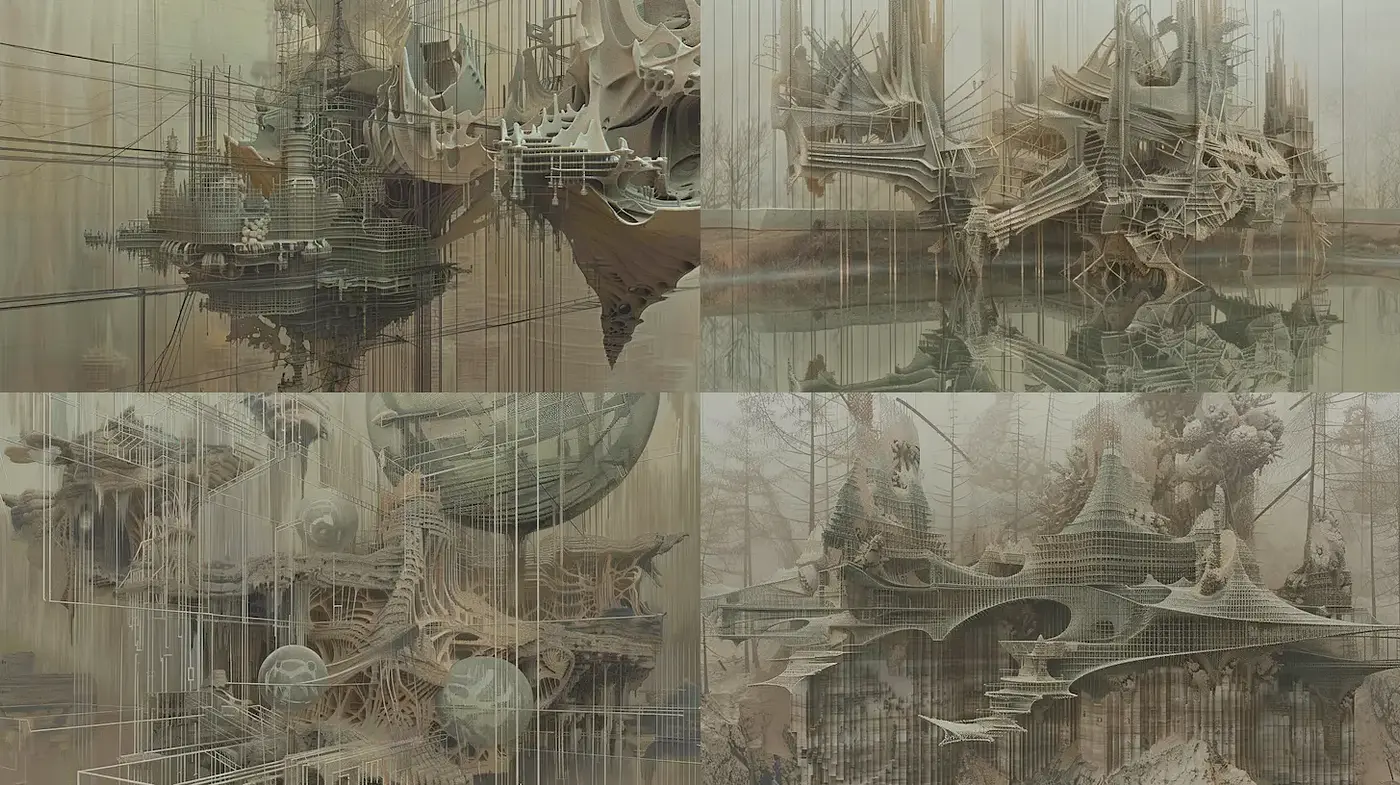 Surreal Architectural Landscapes with a Dreamlike Quality - Midjourney sref style