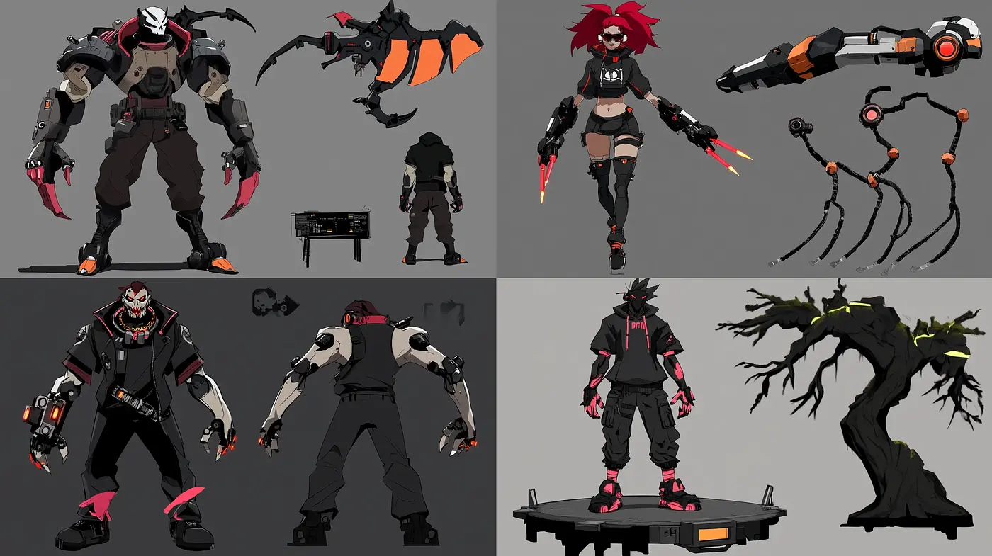 Futuristic Cybernetic Ensemble with a Dark and Edgy Aesthetic - Midjourney sref style