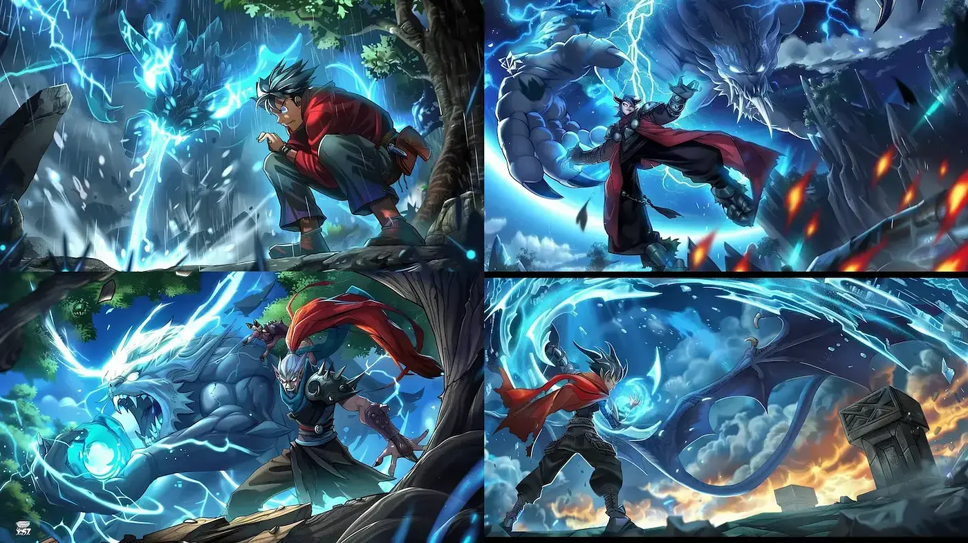 Dynamic fantasy imagery with vibrant energy effects - Midjourney sref style