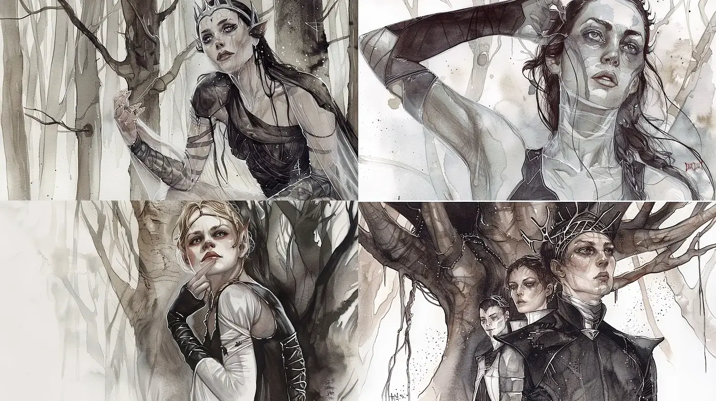 Evocative and Ethereal Fantasy Portraits with Watercolor Textures - Midjourney sref style