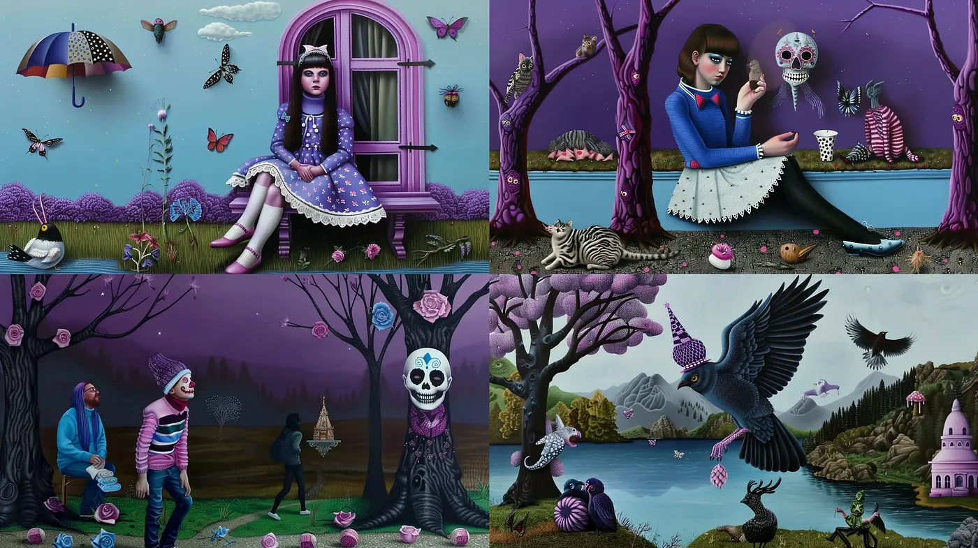 Whimsical Twilight Fusion: A Consistent Dive into Surreal and Tim Burtonesque Imagery - Midjourney sref style