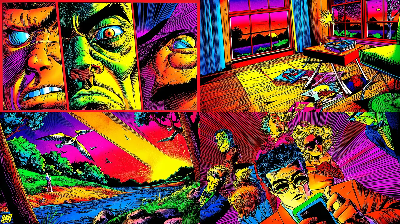 Vivid and Dynamic Visual Storytelling with Strong Comic Undertones - Midjourney sref style