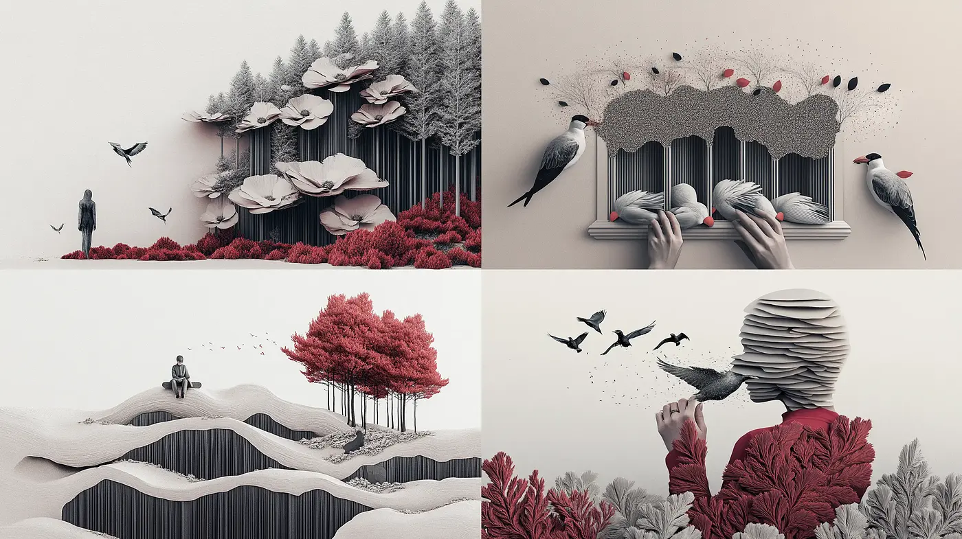 Surreal Monochromatic Landscapes Accented with Bursts of Red Amidst Ethereal Atmospheres - Midjourney sref style