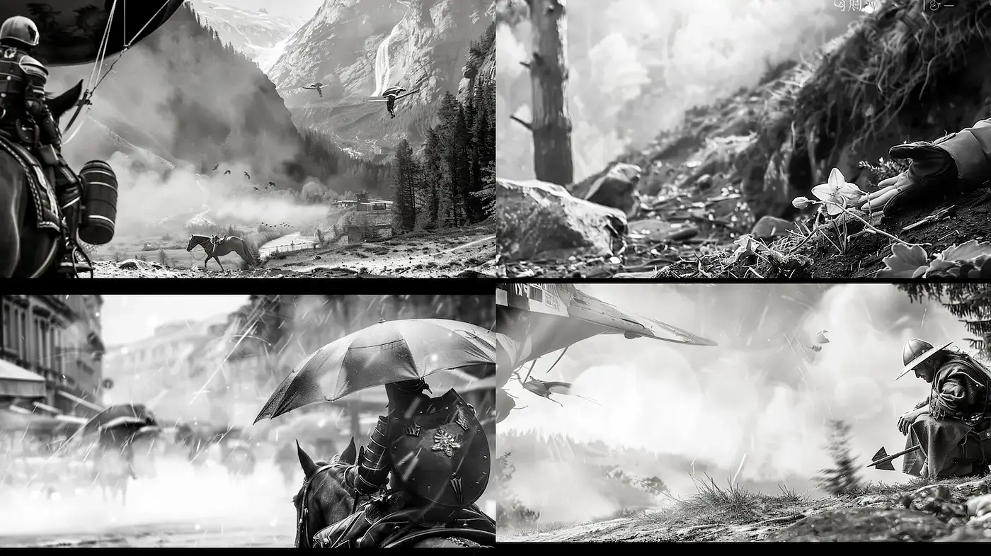 Cinematic and Surreal Black and White Landscape with Dystopian Elements - Midjourney sref style