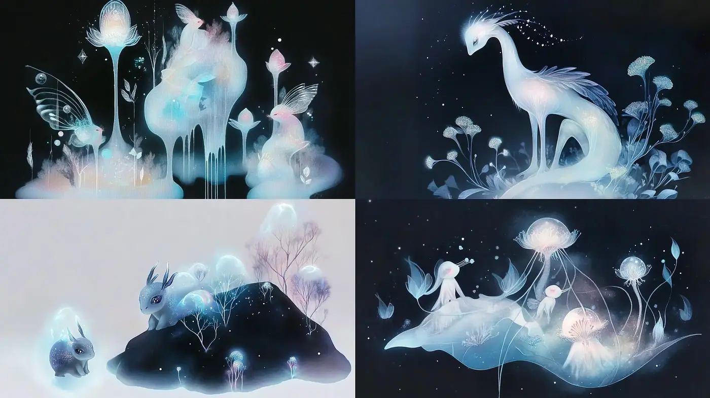 Ethereal Nocturne: A Luminescent Dreamscape of Surreal Wildlife - Midjourney sref style