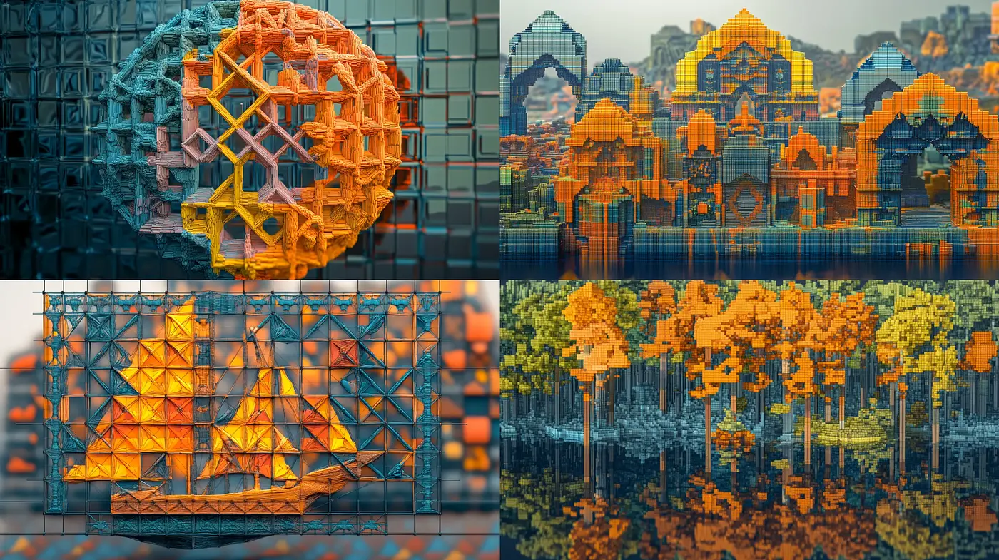 Geometric Harmony: An Exploration of Pixelated Warmth and Structural Intrigue - Midjourney sref style