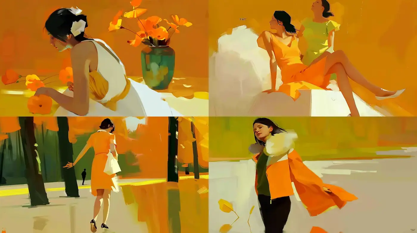 Vibrant and expressive orange-inspired aesthetic with soft brushwork - Midjourney sref style